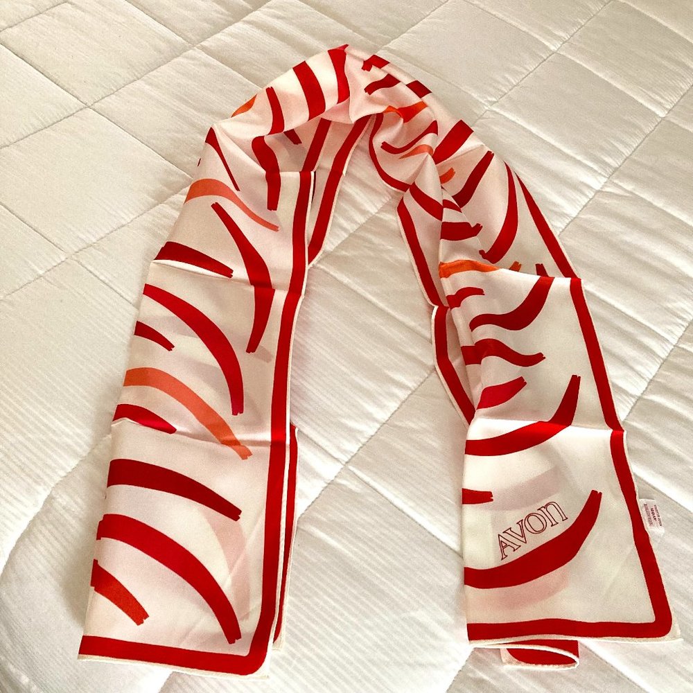 Avon Vintage President's Club Candid Scarf - Red & Off White - Rectangular NWOT